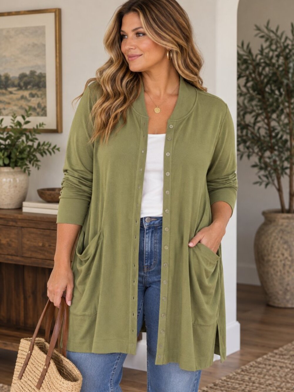 Soft Surroundings Olive Green 100% Cotton Long Cardigan 2X Chartreuse